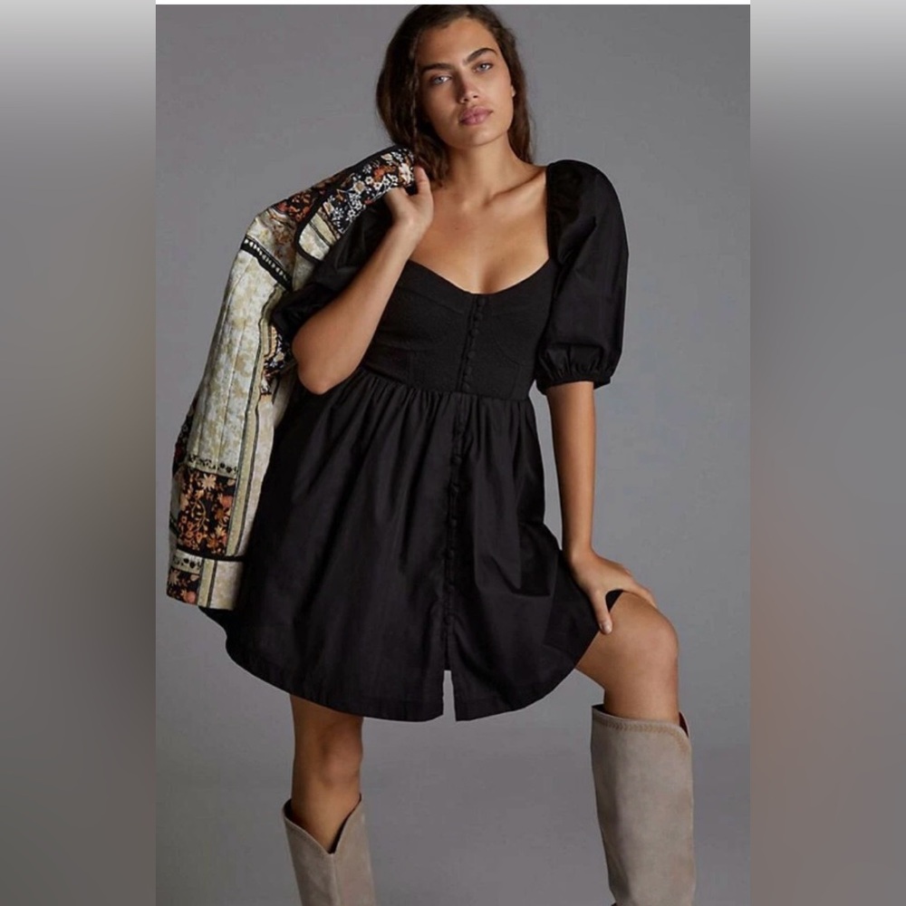 Anthropologie Maeve Puff Sleeve Smocked Button Front Black Mini Dress Size M